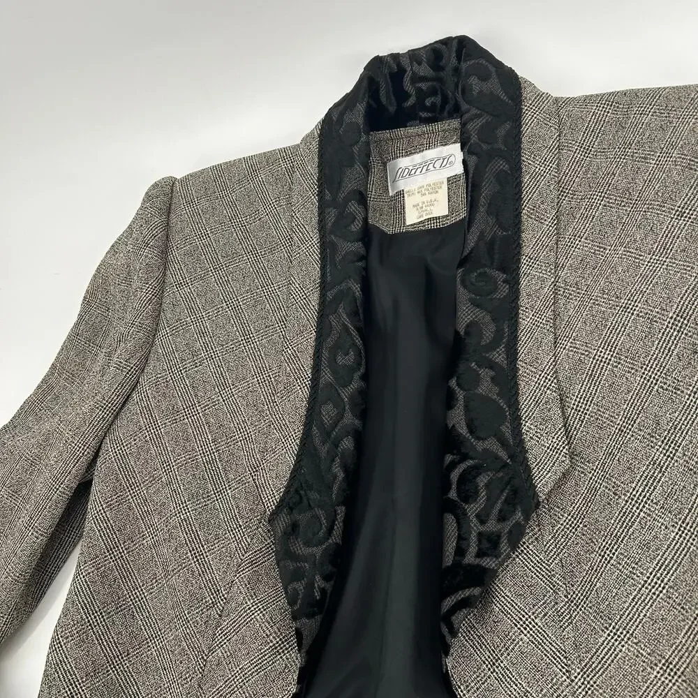VTG 90s Womens Black Grey Sideffects Glen Check Plaid Velour Paisley Blazer Sz S
